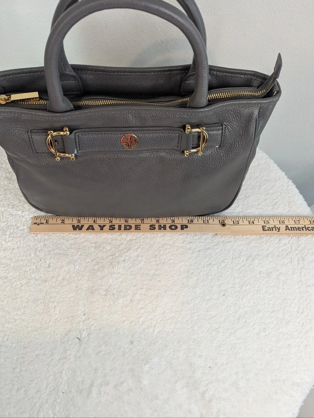 Authentic Tory Burch Horsebit Satchel - Elephant Grey Pebbled Leather